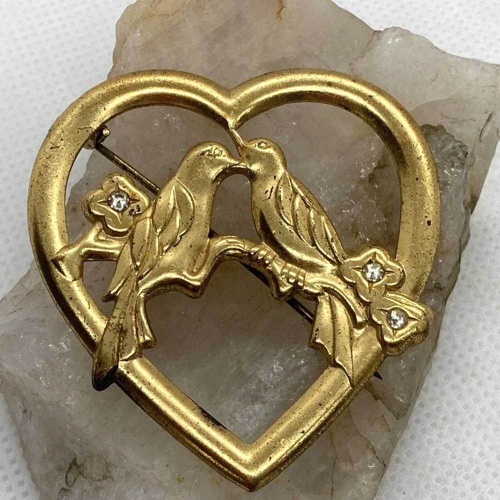 Vintage Lot of 4 Gold Tone Silver Tone Heart Brooch Birds Rhinestone Faux Pearl